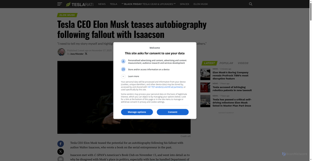 Security scan screenshot of https://www.teslarati.com/tesla-ceo-elon-musk-teases-autobiography-following-fallout-isaacson/