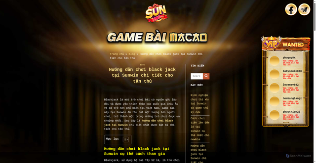 Security scan screenshot of https://sunnwin.biz/huong-dan-choi-black-jack-tai-sunwin/