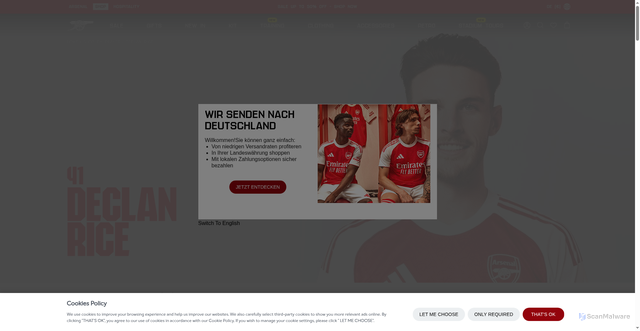 Security scan screenshot of https://arsenaldirect.arsenal.com/shopbyplayer/DECLAN-RICE