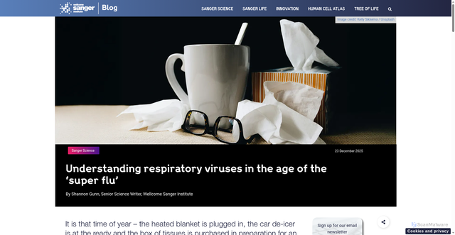 Security scan screenshot of https://sangerinstitute.blog/2025/12/23/understanding-respiratory-viruses-in-the-age-of-the-super-flu/
