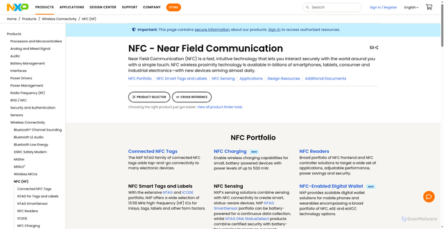 Security scan screenshot of https://www.nxp.com/products/wireless-connectivity/nfc-hf:MC_71110