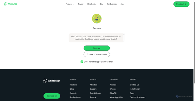 Security scan screenshot of https://api.whatsapp.com/send?phone=212708378206&text=Hello%20Support%2C%0AJust%20come%20from%20email%20%2C%20I%E2%80%99m%20interested%20in%20the%2024-month%20offer.%20Could%20you%20please%20provide%20more%20details%3F