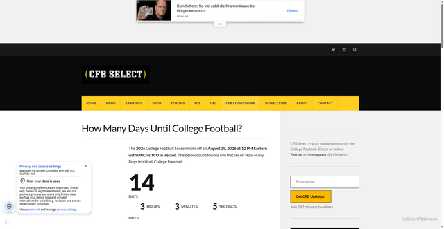 Security scan screenshot of https://cfbselect.com/how-many-days-until-college-football-countdown-clock/