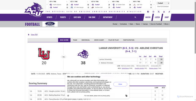 Security scan screenshot of https://acusports.com/boxscore.aspx?id=11474