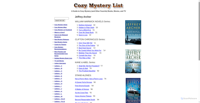 Security scan screenshot of https://cozy-mystery.com/jeffrey-archer.html