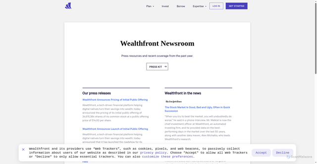Security scan screenshot of https://press.wealthfront.com/