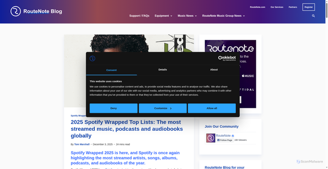 Security scan screenshot of https://routenote.com/blog/2025-spotify-wrapped-top-lists/