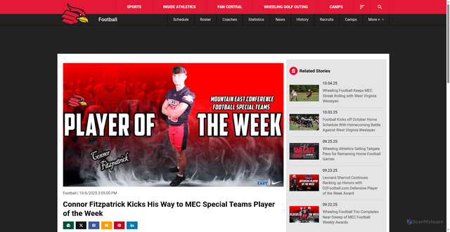 Security scan screenshot of https://wucardinals.com/news/2025/10/6/football-connor-fitzpatrick-kicks-his-way-to-mec-special-teams-player-of-the-week.aspx