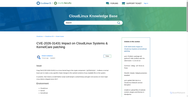Security scan screenshot of https://cloudlinux.zendesk.com/hc/en-us/articles/27132465589916-CVE-2026-31431-Impact-on-CloudLinux-Systems-KernelCare-patching