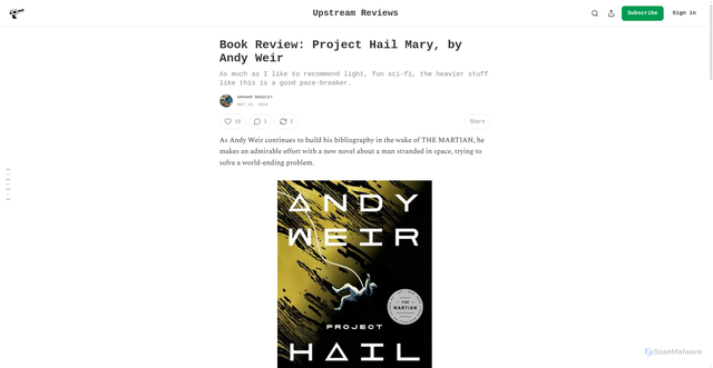 Security scan screenshot of https://upstreamreviews.substack.com/p/review-project-hail-mary-by-andy-weir
