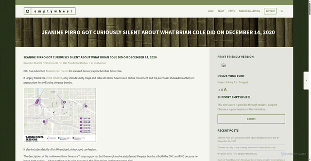 Security scan screenshot of https://www.emptywheel.net/2025/12/28/jeanine-pirro-got-curiously-silent-about-what-brian-cole-did-on-december-14-2020/