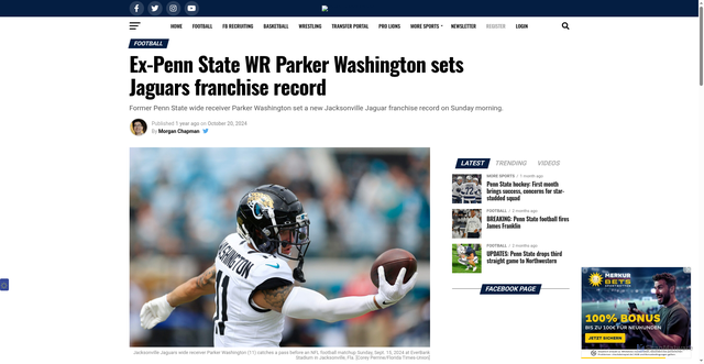 Security scan screenshot of https://basicbluesnation.com/ex-penn-state-wr-parker-washington-sets-jaguars-franchise-record/
