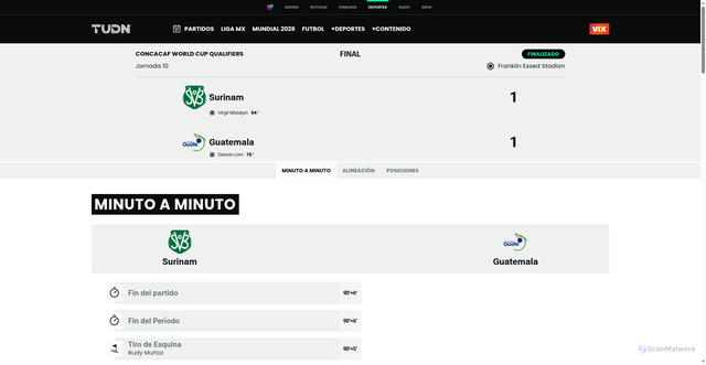 Security scan screenshot of https://www.tudn.com/futbol/concacaf-mundial-eliminatorias/surinam-vs-guatemala-concacaf-mundial-elim-2025-10-10