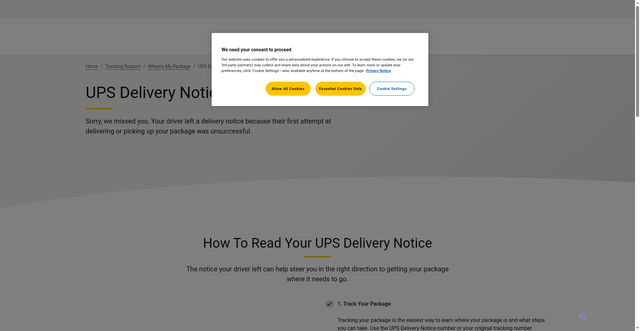 Security scan screenshot of https://www.ups.com/us/en/support/tracking-support/where-is-my-package/how-to-use-infonotice