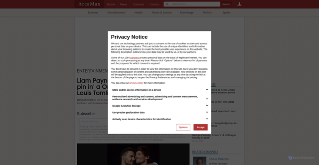Security scan screenshot of https://www.arcamax.com/entertainment/entertainmenttoday/s-3879324