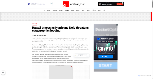 Security scan screenshot of https://thearabianpost.com/hawaii-braces-as-hurricane-nolo-threatens-catastrophic-flooding/?srsltid=AU7gw4VFnYTDMR4xJOM4vFKhE8LFMouLPRNZZn2h-b4RNi0FWyCLGiiJ