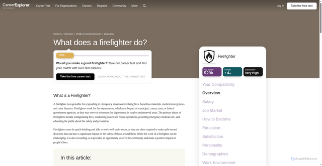 Security scan screenshot of https://www.careerexplorer.com/careers/firefighter/