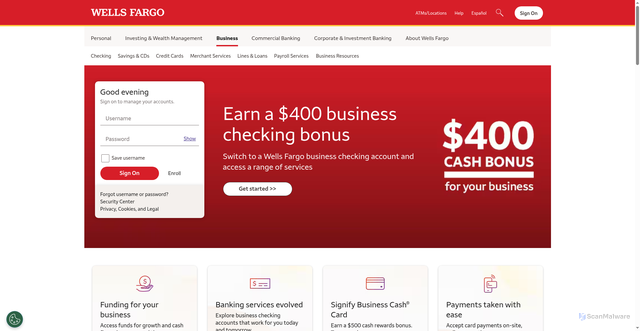 Security scan screenshot of http://wellsfargo-onlinebk.com/biz/