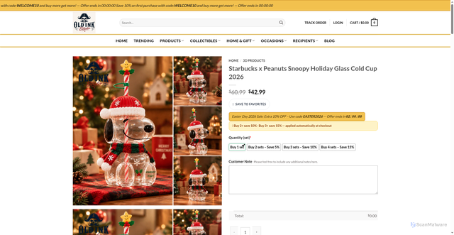 Security scan screenshot of https://oldinkstudio.com/product/starbucks-x-peanuts-snoopy-holiday-glass-cold-cup-2026/