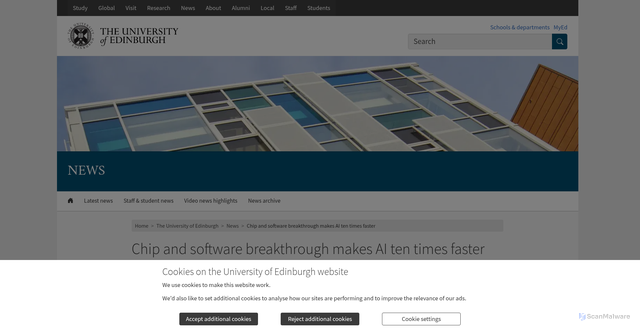 Security scan screenshot of https://www.ed.ac.uk/news/chip-and-software-breakthrough-makes-ai-ten-times-faster-0