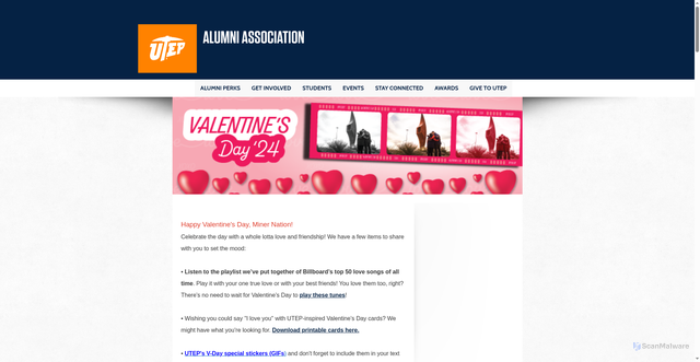 Security scan screenshot of https://alumni.utep.edu/valentines-day