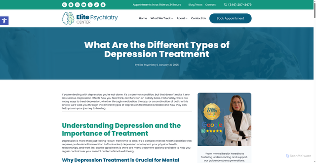 Security scan screenshot of https://elitepsychiatrycenter.com/blog/different-types-depression-treatment/