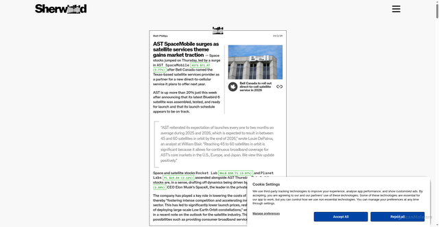 Security scan screenshot of https://sherwood.news/markets/ast-spacemobile-surges-as-satellite-services-theme-gains-market-traction/