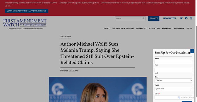 Security scan screenshot of https://firstamendmentwatch.org/author-michael-wolff-sues-melania-trump-saying-she-threatened-1b-suit-over-epstein-related-claims/