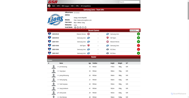 Security scan screenshot of https://globalsportsarchive.com/team/baseball/samsung-lions/30560/