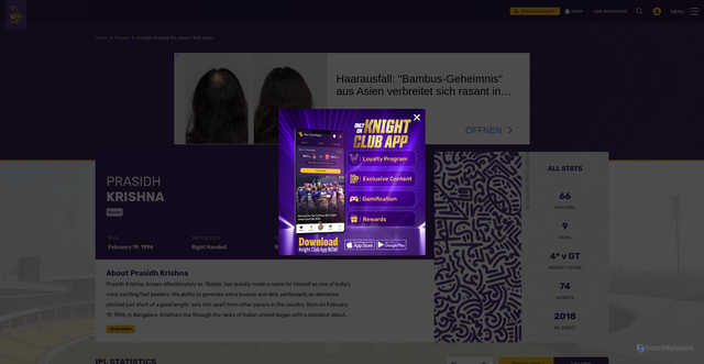 Security scan screenshot of https://www.kkr.in/players/prasidh-krishna-profile-65702