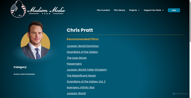 Security scan screenshot of https://www.madisonmediafund.org/curator/chris-pratt/