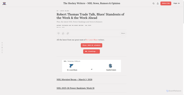 Security scan screenshot of https://thehockeywriters.substack.com/p/robert-thomas-trade-talk-blues-standouts
