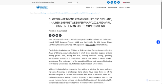 Security scan screenshot of https://ukraine.ohchr.org/en/Short-range-drone-attacks-killed-395-civilians-injured-2635-between-February-2022-and-April-2025