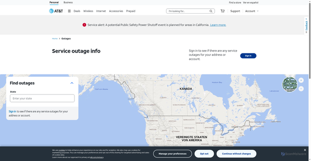 Security scan screenshot of https://www.att.com/outages/