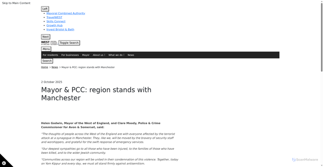 Security scan screenshot of https://www.westofengland-ca.gov.uk/news/mayor-pcc-region-stands-with-manchester/