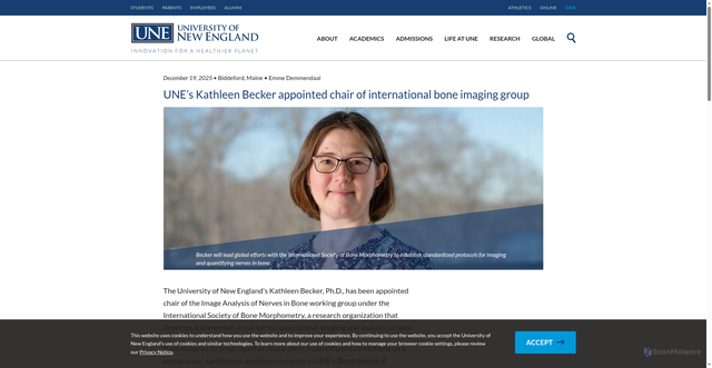 Security scan screenshot of https://www.une.edu/news/2025/unes-kathleen-becker-appointed-chair-international-bone-imaging-group