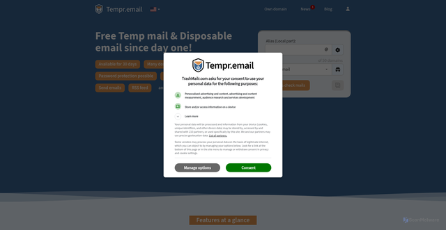 Security scan screenshot of https://tempr.email/en/