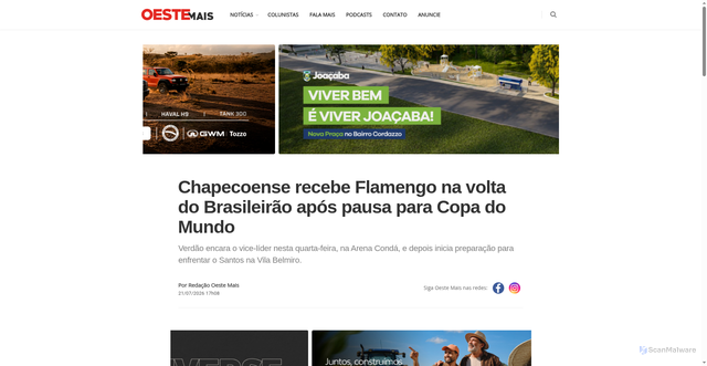 Security scan screenshot of https://www.oestemais.com/esporte/2026/07/21/chapecoense-recebe-flamengo-na-volta-do-brasileirao-apos-pausa-para-copa-do-mundo/