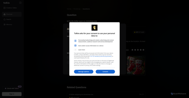 Security scan screenshot of https://www.talkie-ai.com/holiday/christmas/answer/is-family-dollar-open-on-christmas-eve-217356067209307