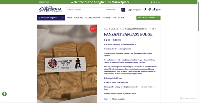 Security scan screenshot of https://allegheniesmarketplace.com/product/fanzant-fantasy-fudge/