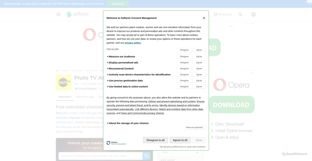Security scan screenshot of https://pluto-tv.en.softonic.com/android