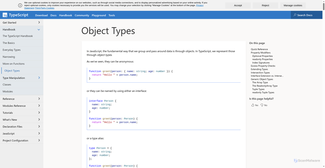 Security scan screenshot of https://www.typescriptlang.org/docs/handbook/2/objects.html