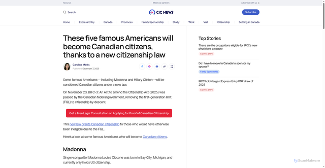 Security scan screenshot of https://www.cicnews.com/2025/12/these-five-famous-americans-will-become-canadian-citizens-thanks-to-a-new-citizenship-law-1262933.html