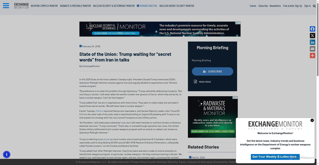 Security scan screenshot of https://www.exchangemonitor.com/state-of-the-union-trump-waiting-for-secret-words-from-iran-in-talks/