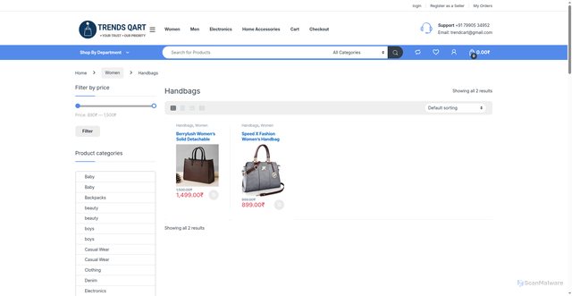 Security scan screenshot of https://trendsqart.com/product-category/women/handbags/