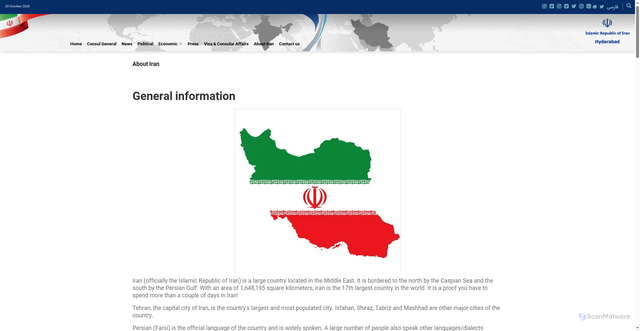 Security scan screenshot of https://hyderabad.mfa.gov.ir/en/viewpage/13793/about-iran