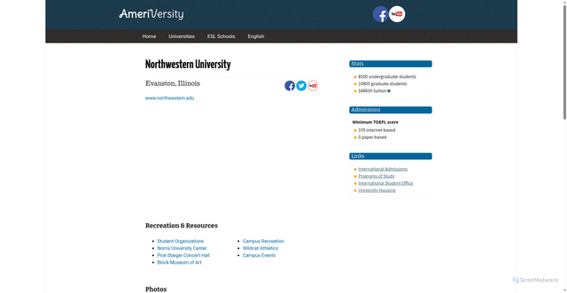 Security scan screenshot of https://www.ameriversity.com/universities/northwestern