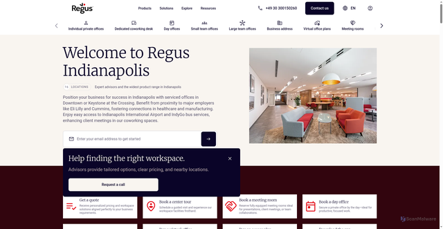 Security scan screenshot of https://www.regus.com/en/us/indiana/indianapolis?utm_source=email_local&utm_medium=localtoolkit&utm_campaign=nco_mar26