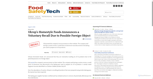 Security scan screenshot of https://foodsafetytech.com/news_article/ukrops-homestyle-foods-announces-a-voluntary-recall-due-to-possible-foreign-object/