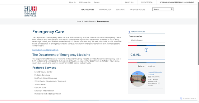 Security scan screenshot of https://www.huhealthcare.com/health-services/emergency-care/